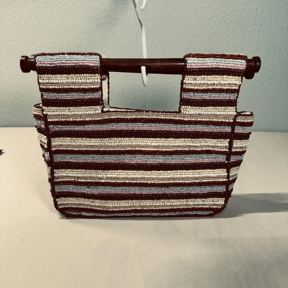 Antonio Melani Glass Bead Handbag Wood Handle Brown‎ Cream Blue Pink Summer Boho - Picture 13 of 16
